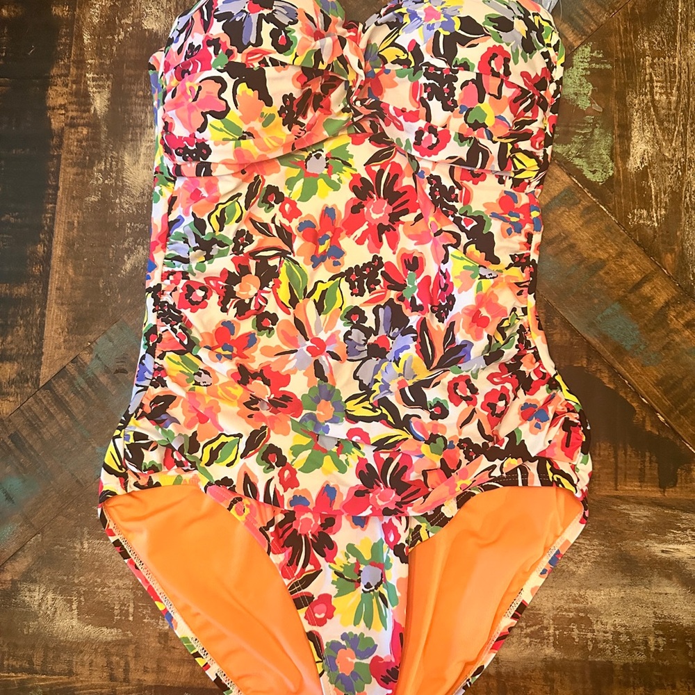 Anne Cole Womens Twist Front Strapless One Piece Floral Swimsuit Size 10 NWOT